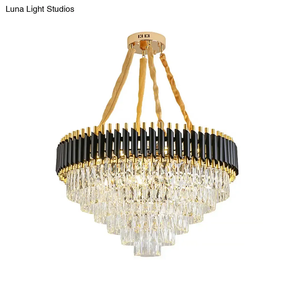 Modern Conical Chandelier with Crystal Accents - 4-Light Black Ceiling Pendant for Living Room