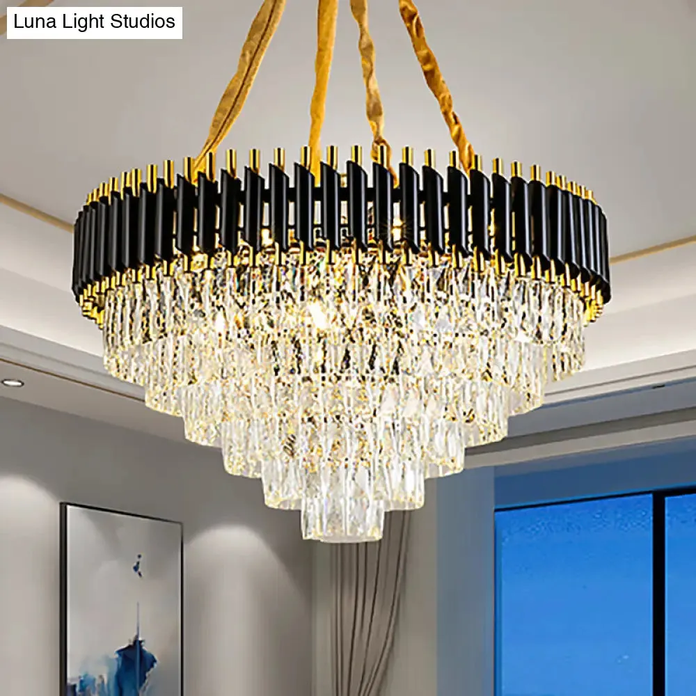 Modern Conical Chandelier with Crystal Accents - 4-Light Black Ceiling Pendant for Living Room