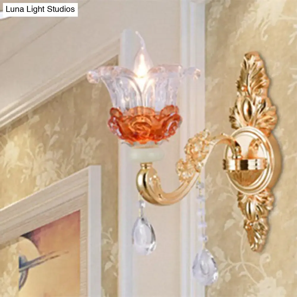 Modern Gold Petal Chandelier with Crystal Accent - Clear Textured Glass Pendant Light
