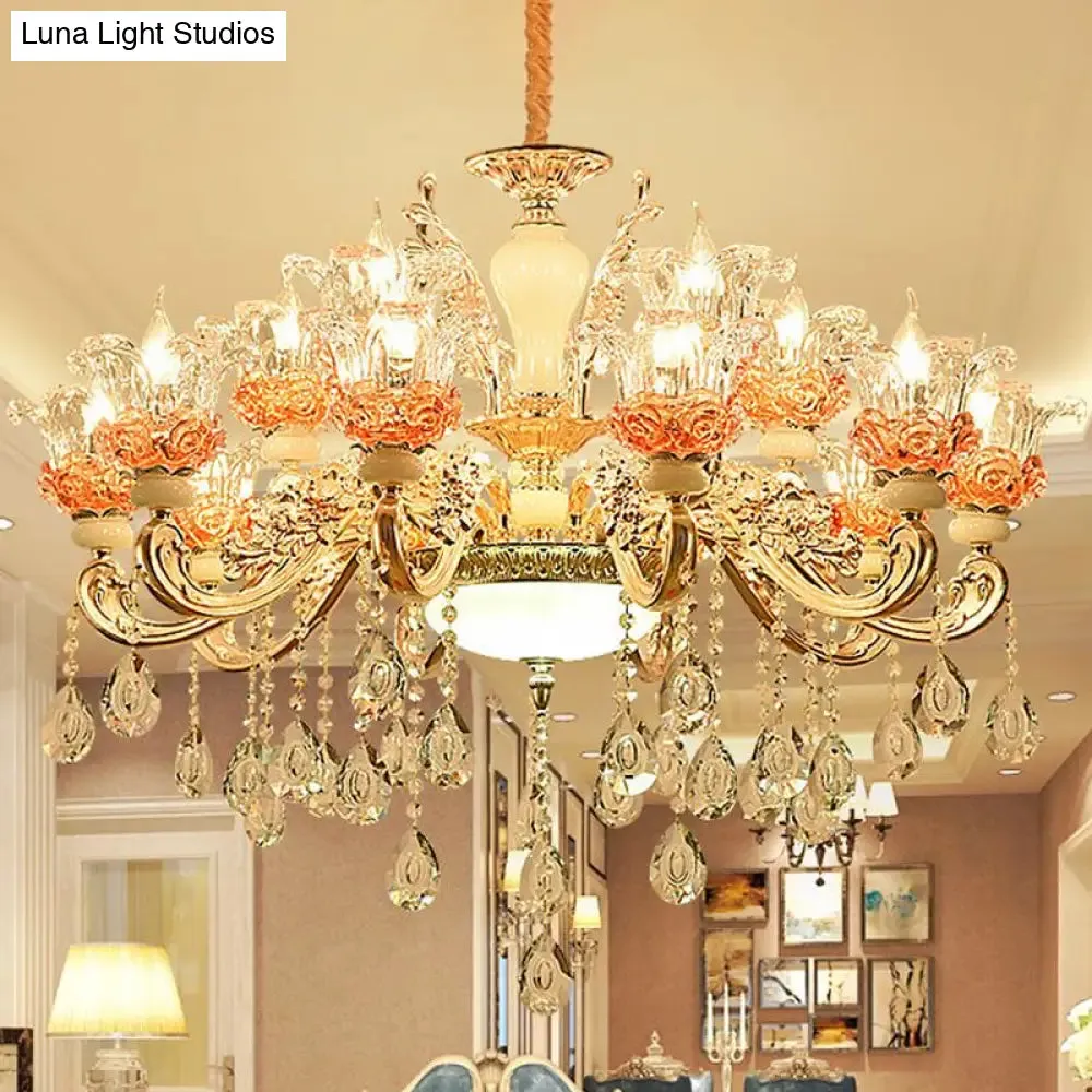 Modern Gold Petal Chandelier with Crystal Accent - Clear Textured Glass Pendant Light