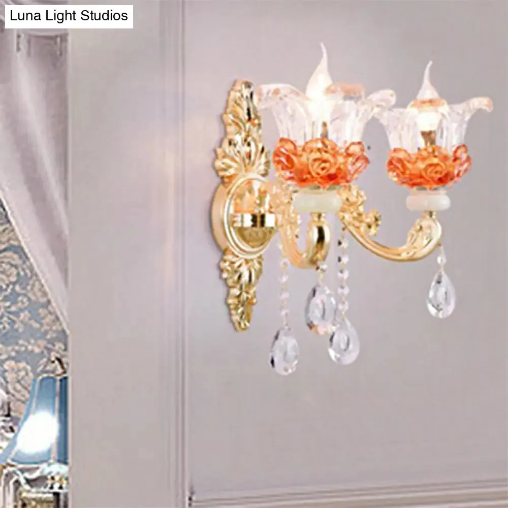 Modern Gold Petal Chandelier with Crystal Accent - Clear Textured Glass Pendant Light