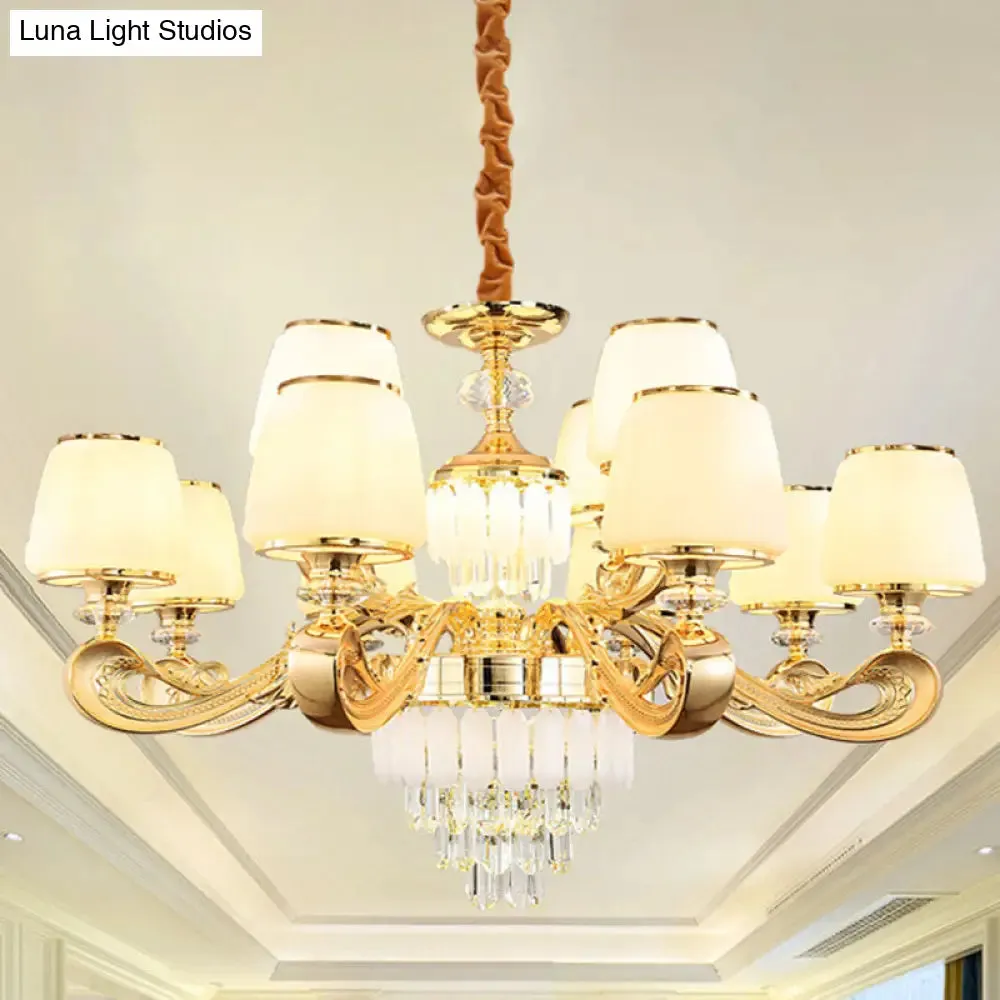 Modernist White Glass Suspension Pendant Light with Crystal Draping - Bucket Chandelier Lamp