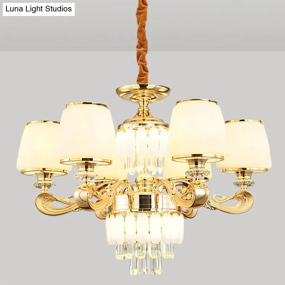 Modernist White Glass Suspension Pendant Light with Crystal Draping - Bucket Chandelier Lamp