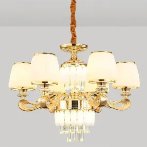 Modernist White Glass Suspension Pendant Light with Crystal Draping - Bucket Chandelier Lamp