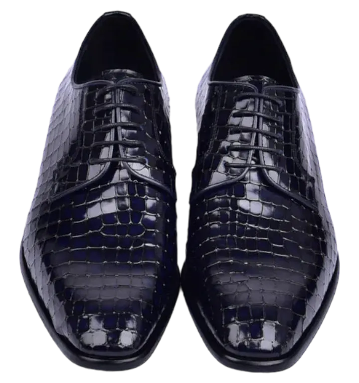Navy Men's Lace-Up Italian Leather Shoes Croco Print C01507-6291C By Corrente