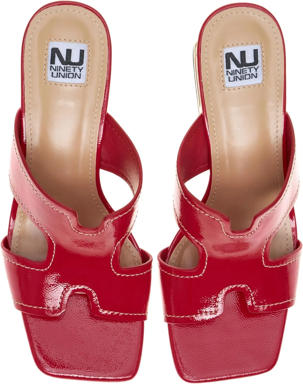 Ninety Union Bright Open Toe Open Back Mule On A Gold Trimmed Heel