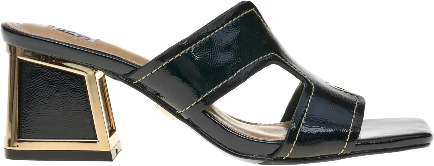 Ninety Union Bright Open Toe Open Back Mule On A Gold Trimmed Heel
