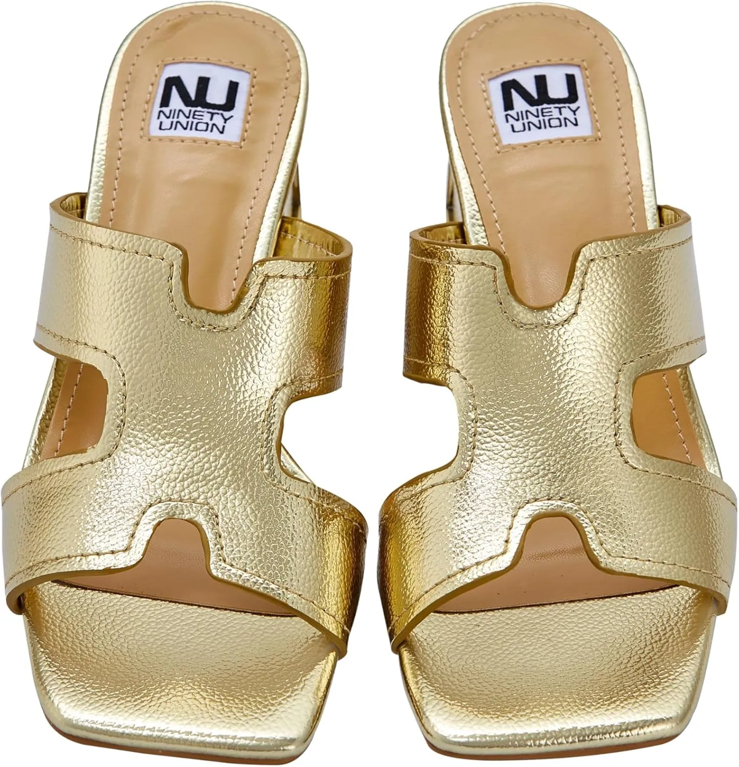 Ninety Union Bright Open Toe Open Back Mule On A Gold Trimmed Heel