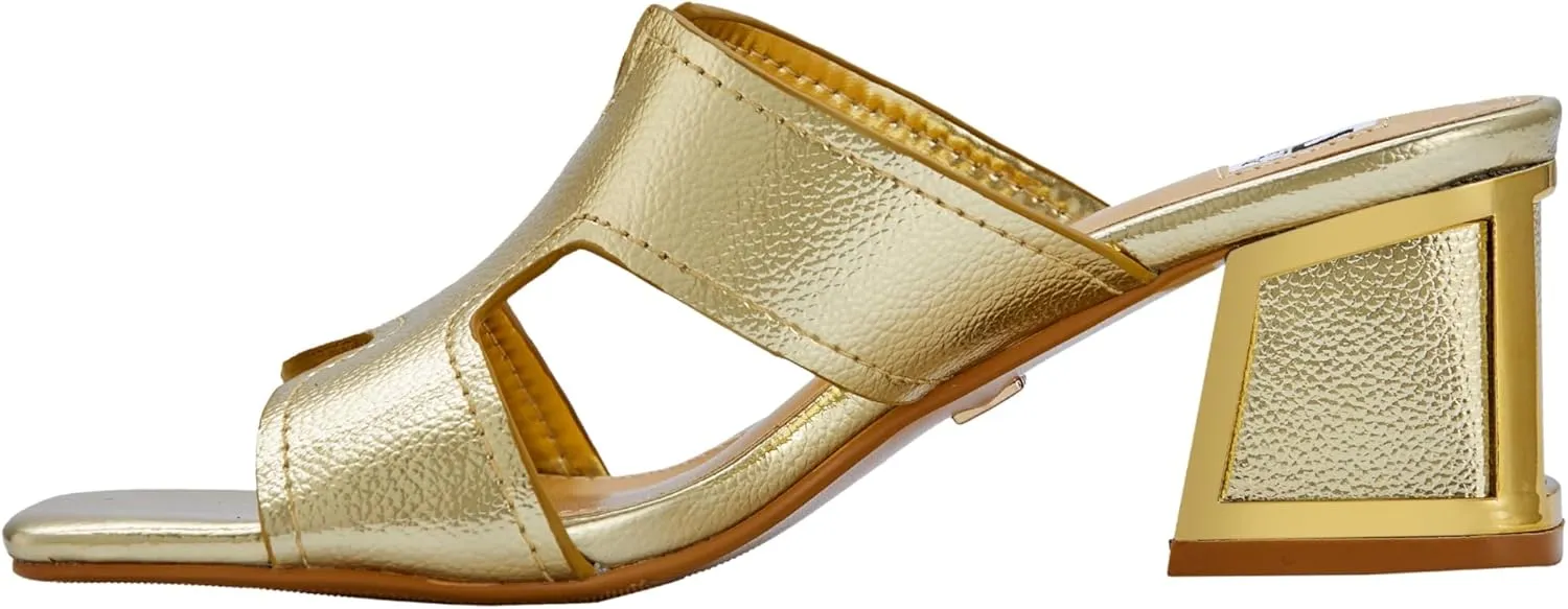 Ninety Union Bright Open Toe Open Back Mule On A Gold Trimmed Heel