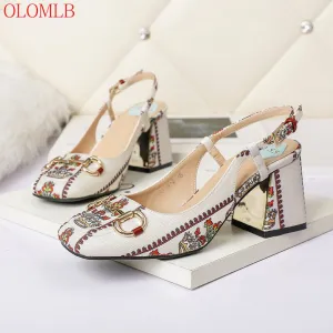 OLOMLB Square Toe Thick Heel Slingback Shoes