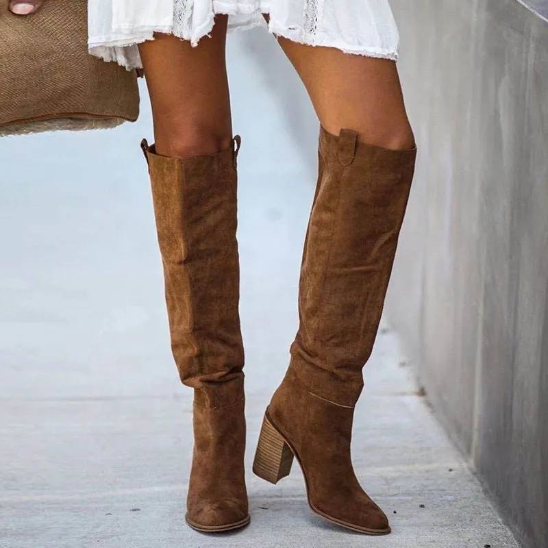 OWNERSHIP Square Heel Faux Suede Knee High Boots