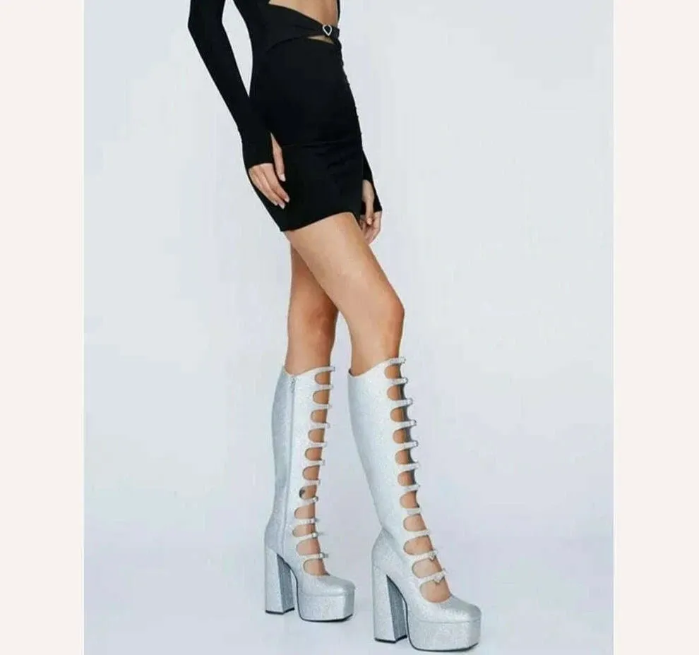 Patent Leather Buckles Design Hollow Boots For Female Women 2022 Platform Sqaure Heel Knee-high Solid Fashion Sexy Party Shoes