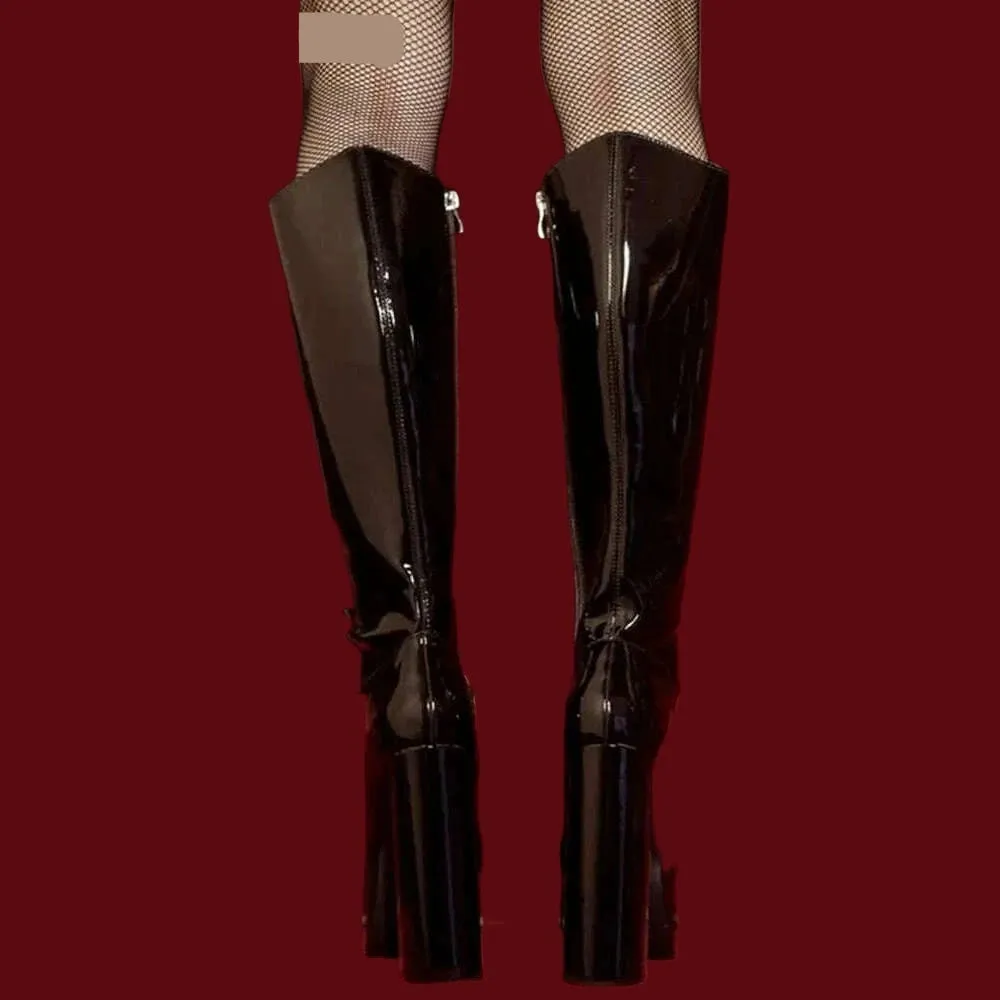 Patent Leather Buckles Design Hollow Boots For Female Women 2022 Platform Sqaure Heel Knee-high Solid Fashion Sexy Party Shoes