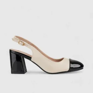 PC Slingback Block Heel Court Shoe Black/Beige10588
