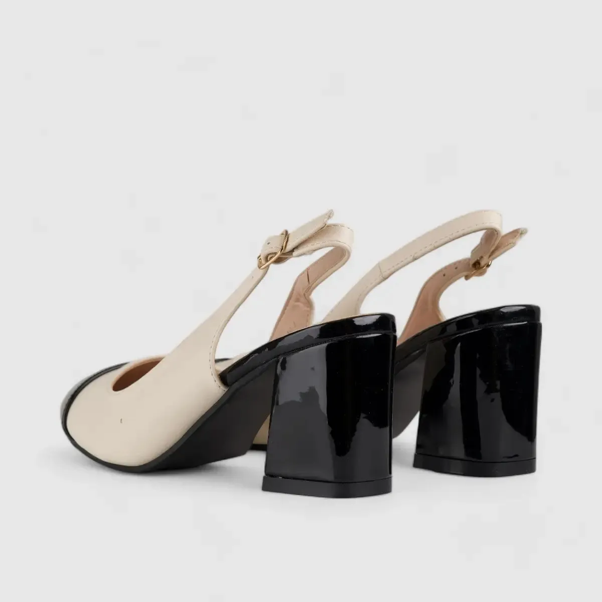 PC Slingback Block Heel Court Shoe Black/Beige10588