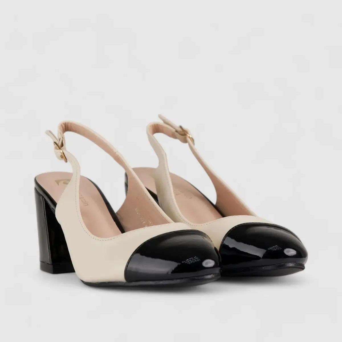 PC Slingback Block Heel Court Shoe Black/Beige10588