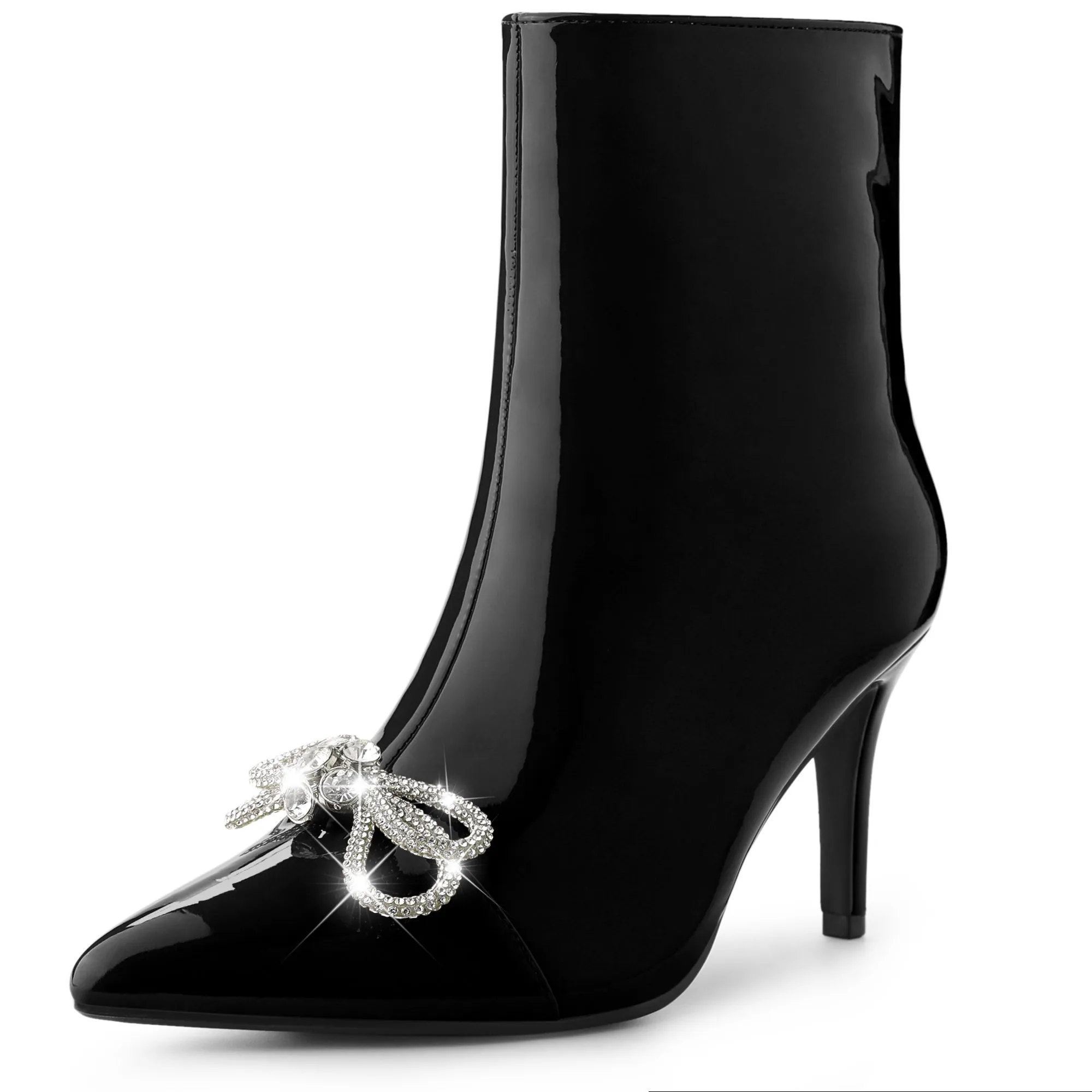 Perphy Bow Rhinestones Pointy Toe Stiletto Heels Ankle Boots for Women