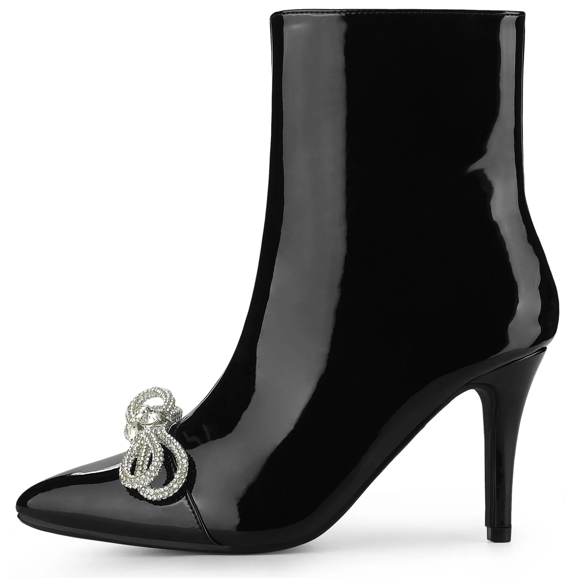 Perphy Bow Rhinestones Pointy Toe Stiletto Heels Ankle Boots for Women