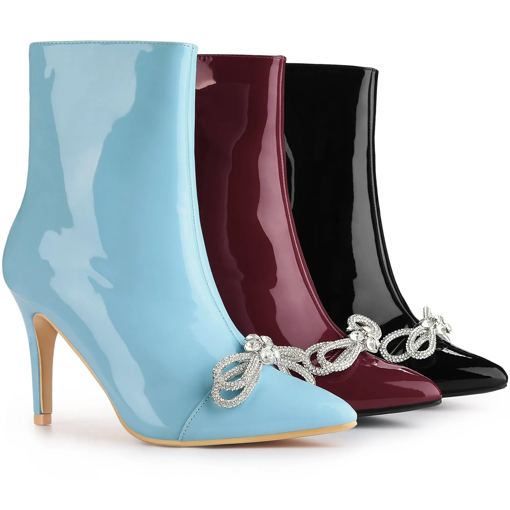 Perphy Bow Rhinestones Pointy Toe Stiletto Heels Ankle Boots for Women
