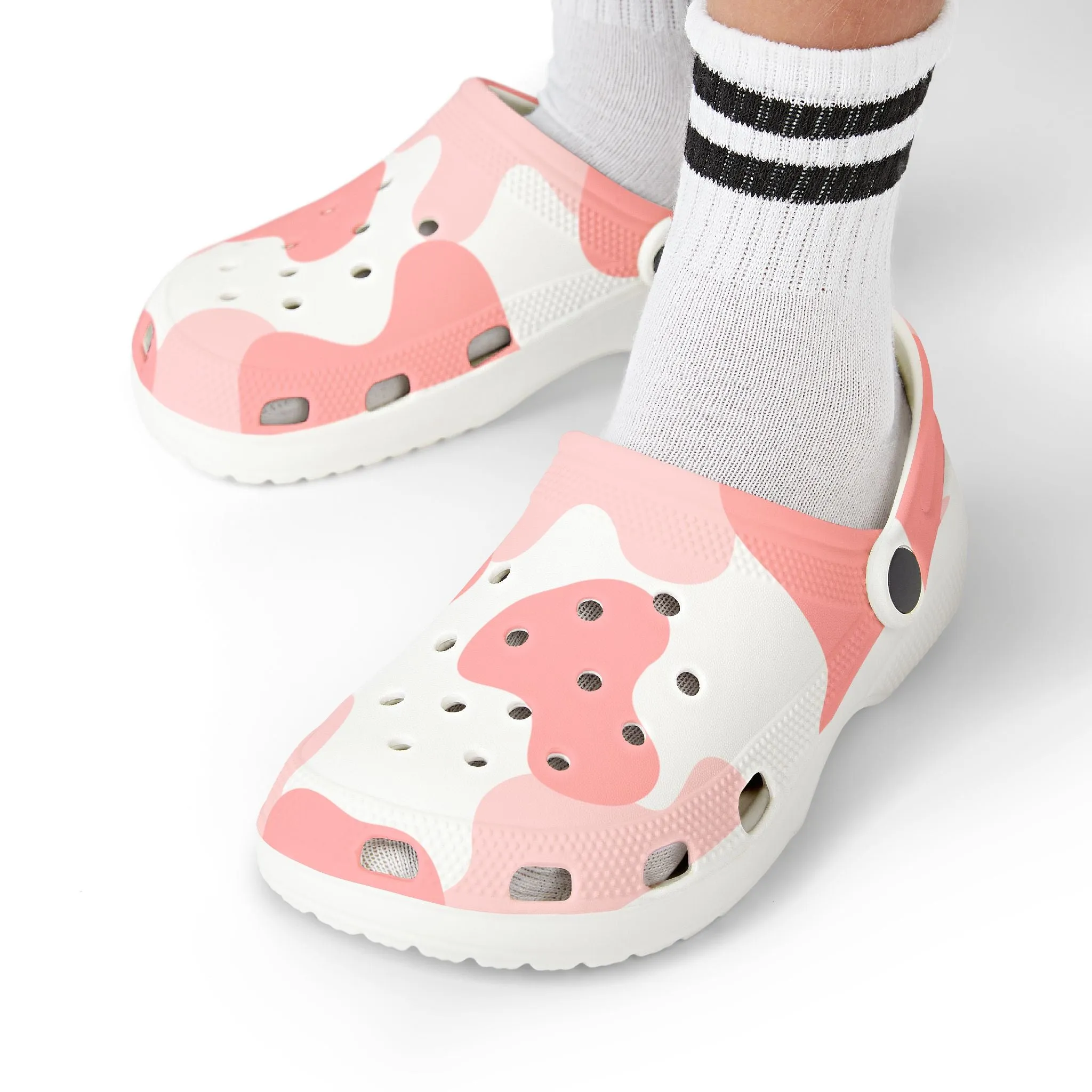 Pink Cow camo print clogs