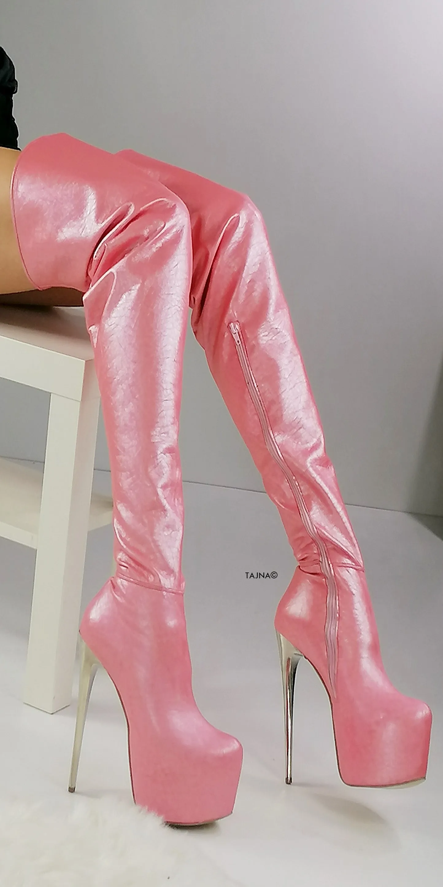 Pink Strech Thigh High Metallic Heel Boots
