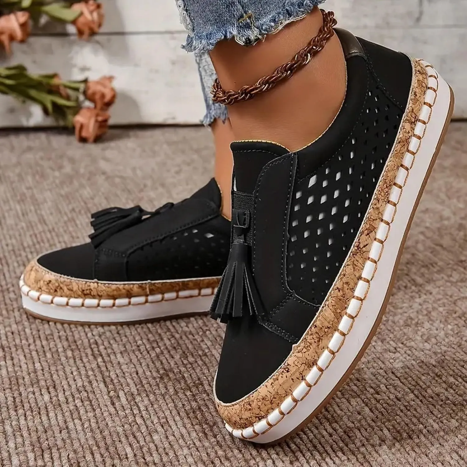 Platform Loafers for Women Walking Shoes Fashion Slip On Sneakers Comfortable Tassel Casual Work Shoes Chunky Loafer