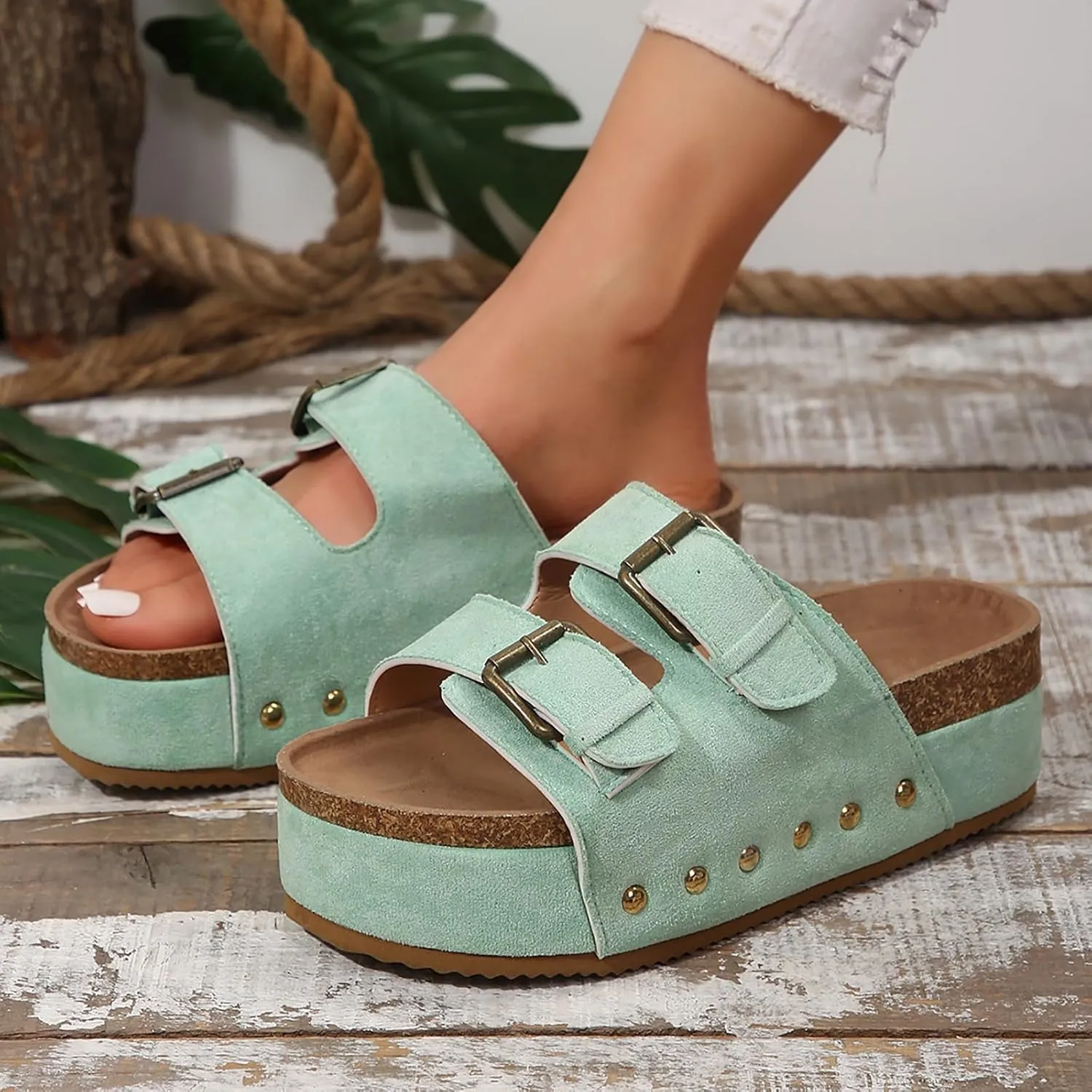 Platform Slides for Women,Summer Low Wedge Sandals for Women Comfortable Sandals for Women Open Toe Ankle Strap Slip On Sandals Drssey Casual Cork Slippers Cute Boho Beach Shoes