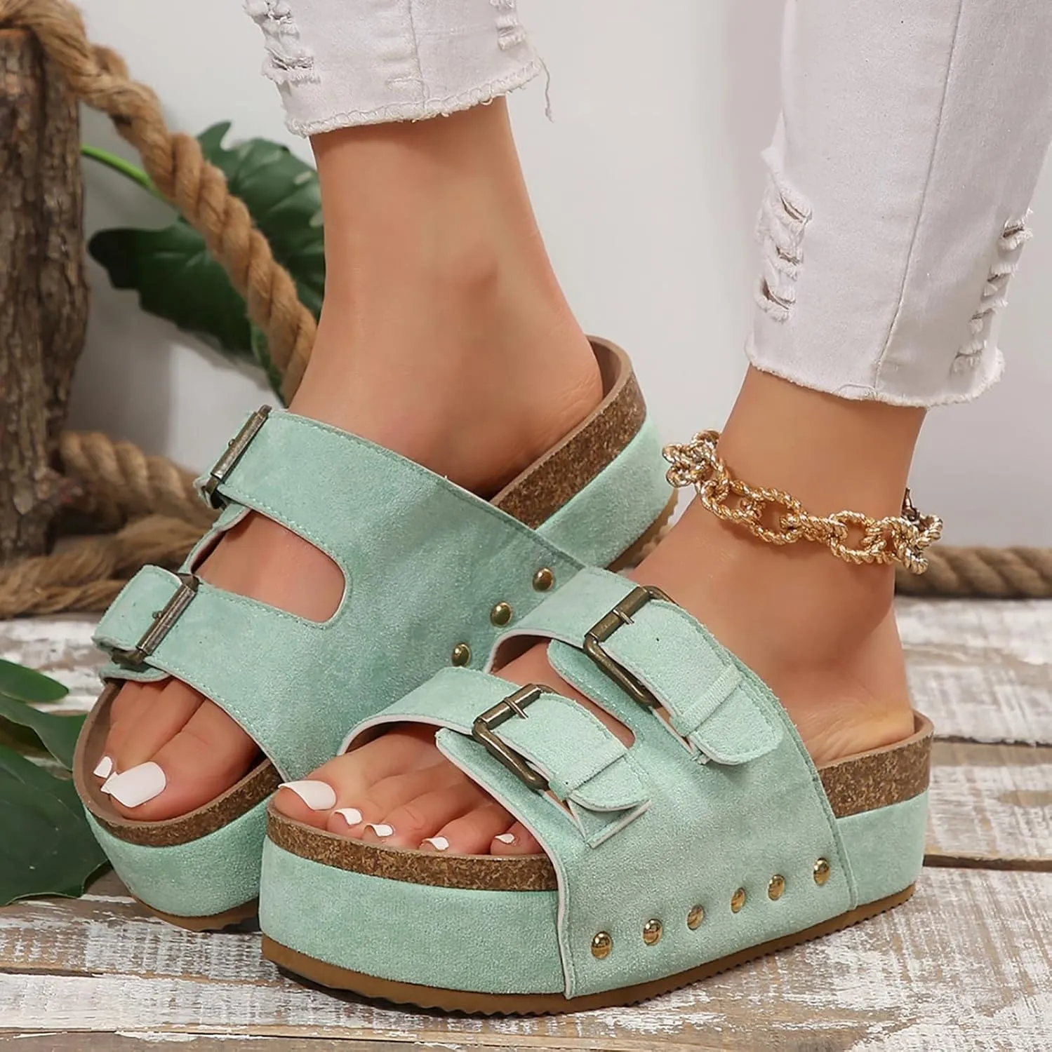 Platform Slides for Women,Summer Low Wedge Sandals for Women Comfortable Sandals for Women Open Toe Ankle Strap Slip On Sandals Drssey Casual Cork Slippers Cute Boho Beach Shoes