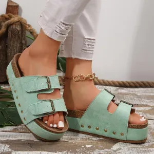 Platform Slides for Women,Summer Low Wedge Sandals for Women Comfortable Sandals for Women Open Toe Ankle Strap Slip On Sandals Drssey Casual Cork Slippers Cute Boho Beach Shoes