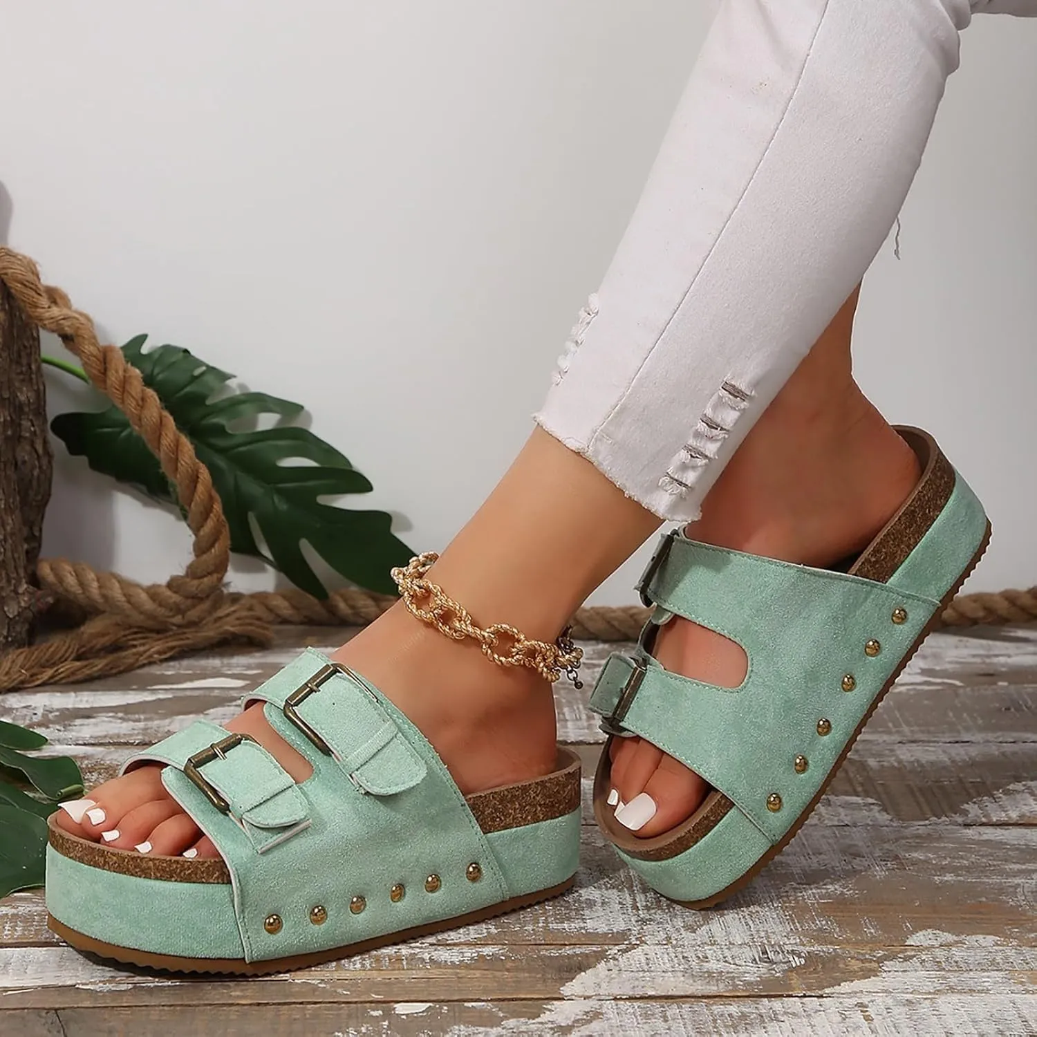 Platform Slides for Women,Summer Low Wedge Sandals for Women Comfortable Sandals for Women Open Toe Ankle Strap Slip On Sandals Drssey Casual Cork Slippers Cute Boho Beach Shoes