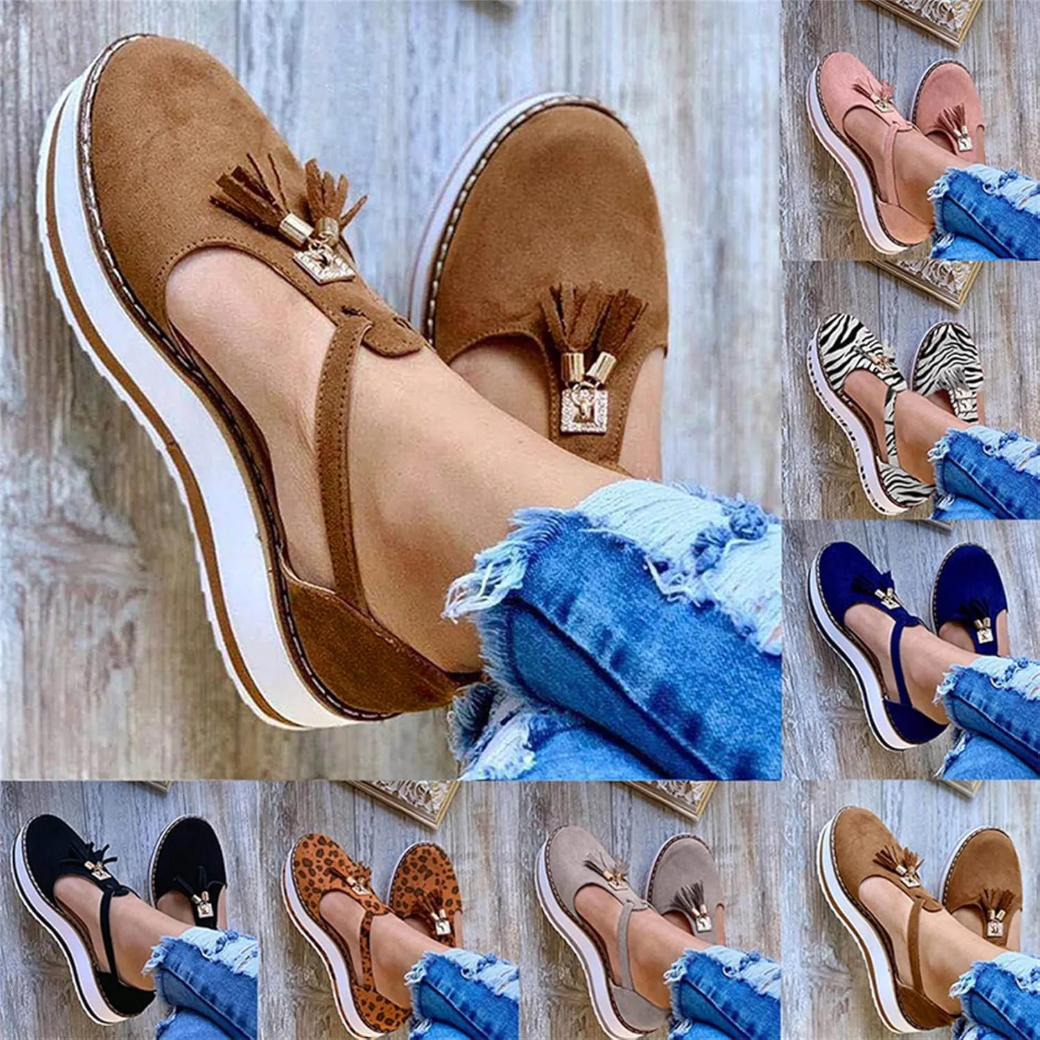 Platform Walking Shoes for Women Ladies Fashion Casual Tassel T-Straps Closed Round Toe Chunky Bottom Heeled Slip On Loafers Ballet Flats Thick Soles High Heels Travel,Brown,US6/EU37