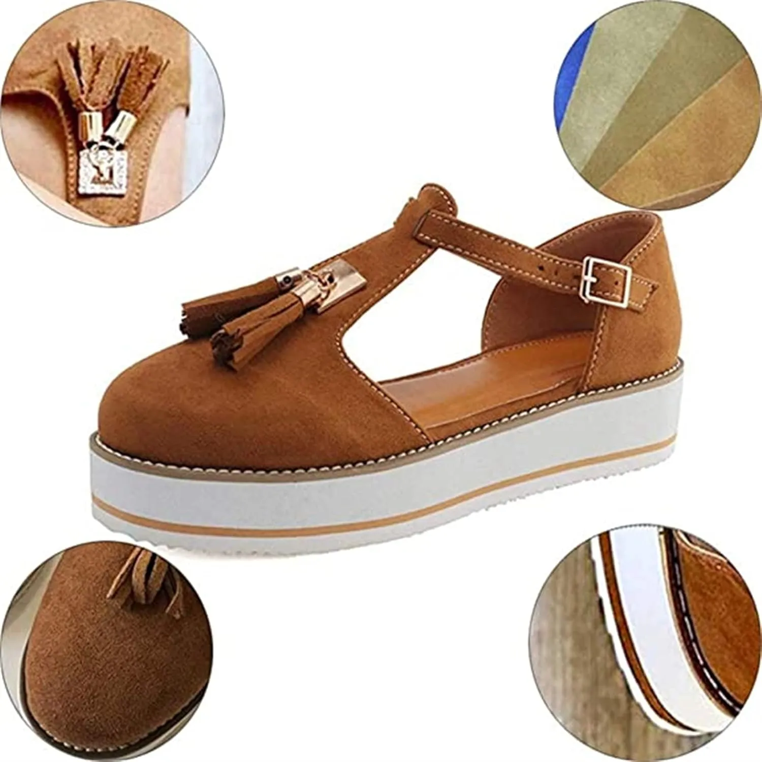 Platform Walking Shoes for Women Ladies Fashion Casual Tassel T-Straps Closed Round Toe Chunky Bottom Heeled Slip On Loafers Ballet Flats Thick Soles High Heels Travel,Brown,US6/EU37