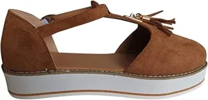 Platform Walking Shoes for Women Ladies Fashion Casual Tassel T-Straps Closed Round Toe Chunky Bottom Heeled Slip On Loafers Ballet Flats Thick Soles High Heels Travel,Brown,US6/EU37