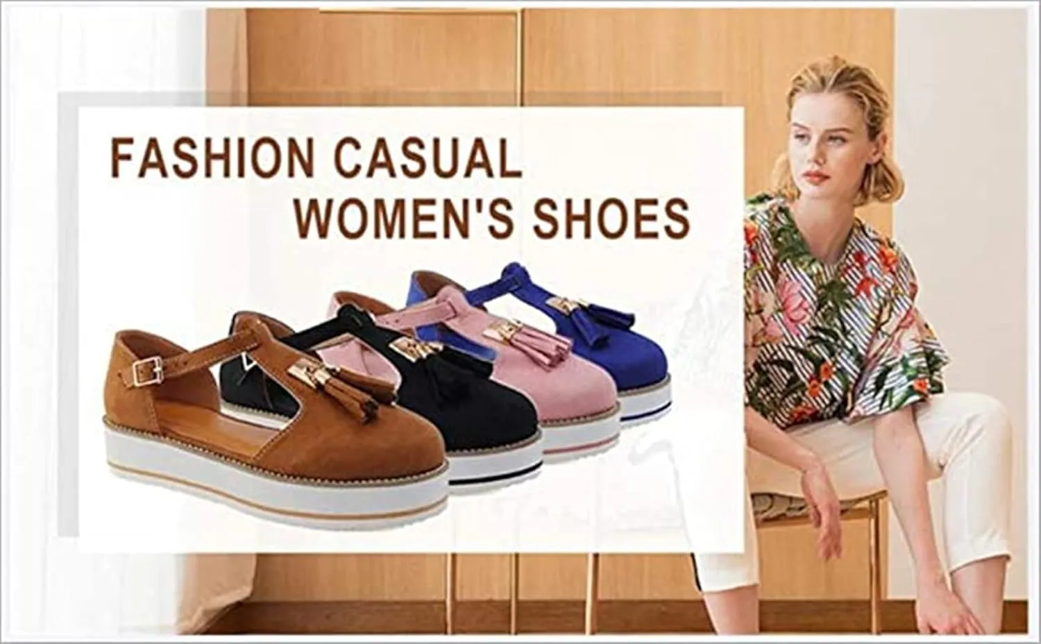 Platform Walking Shoes for Women Ladies Fashion Casual Tassel T-Straps Closed Round Toe Chunky Bottom Heeled Slip On Loafers Ballet Flats Thick Soles High Heels Travel,Brown,US6/EU37