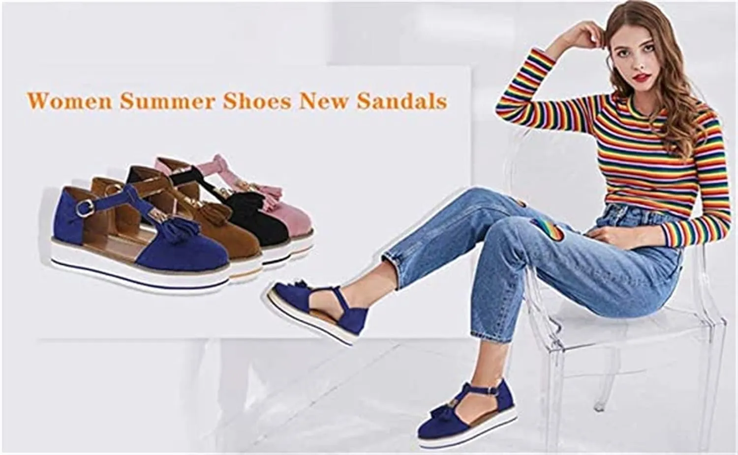 Platform Walking Shoes for Women Ladies Fashion Casual Tassel T-Straps Closed Round Toe Chunky Bottom Heeled Slip On Loafers Ballet Flats Thick Soles High Heels Travel,Brown,US6/EU37