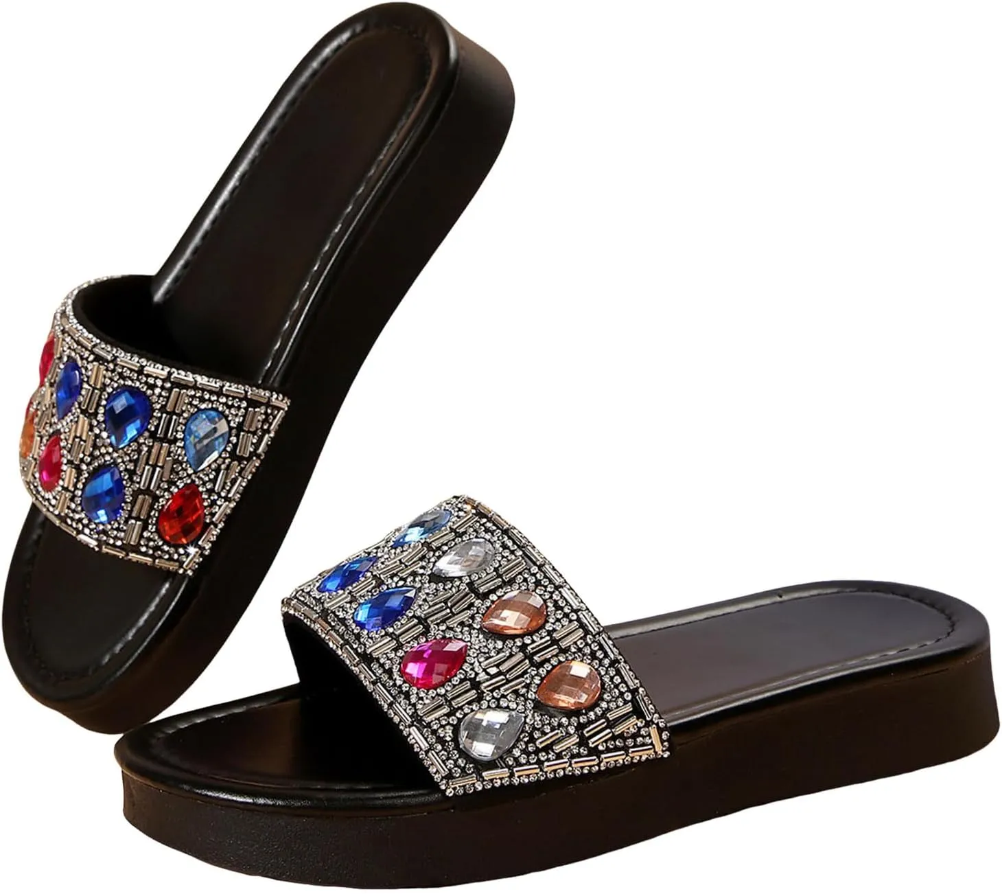 Platform Wedge Sandals Thick Soled One Strap Women's Outdoor Shoes Fashionable And Casual Rhinestone Solid Color Open