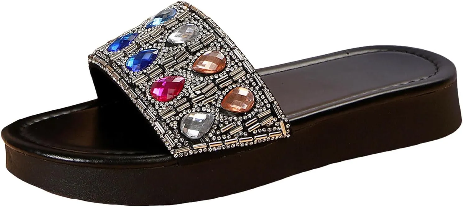 Platform Wedge Sandals Thick Soled One Strap Women's Outdoor Shoes Fashionable And Casual Rhinestone Solid Color Open