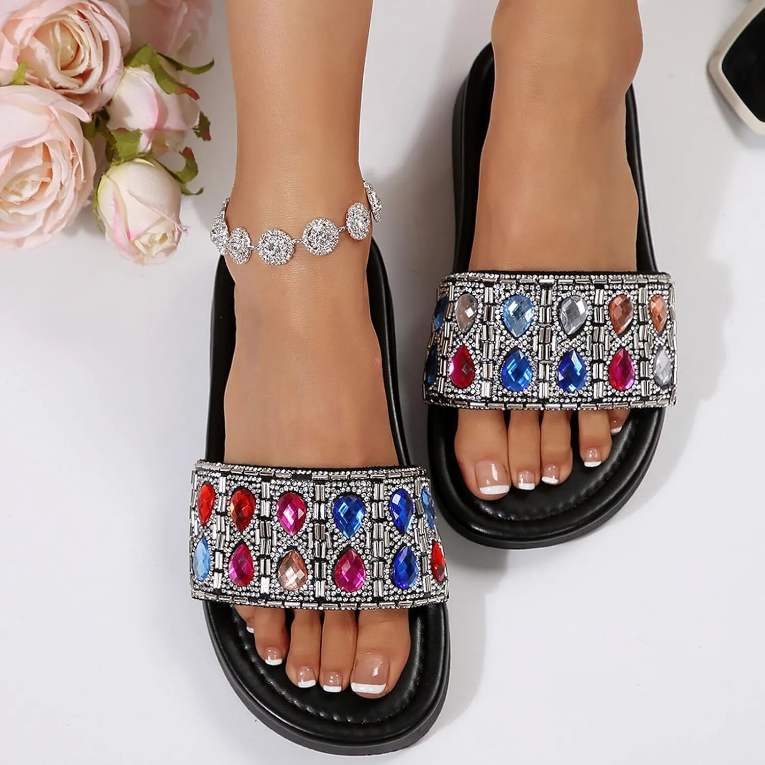 Platform Wedge Sandals Thick Soled One Strap Women's Outdoor Shoes Fashionable And Casual Rhinestone Solid Color Open