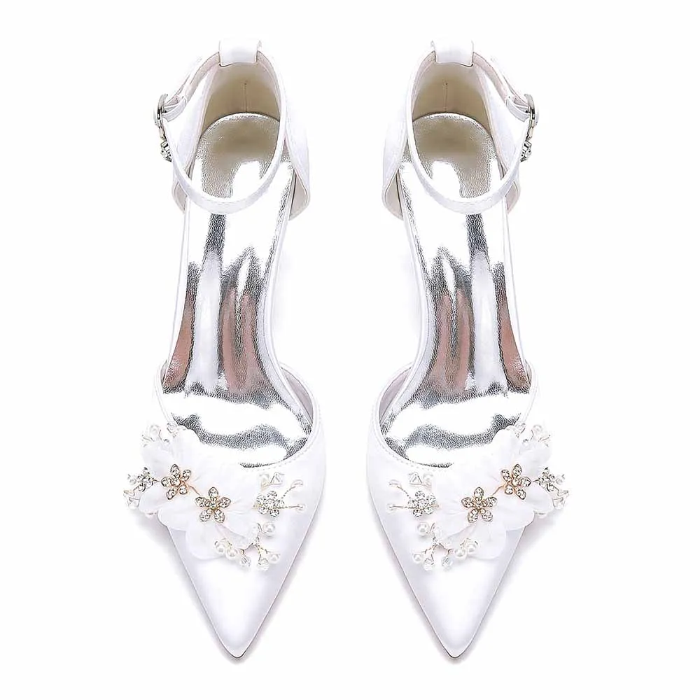 Point-Toe Dress Shoes Satin Ankle Strap Pumps With Pearls Detail Bridal Heels