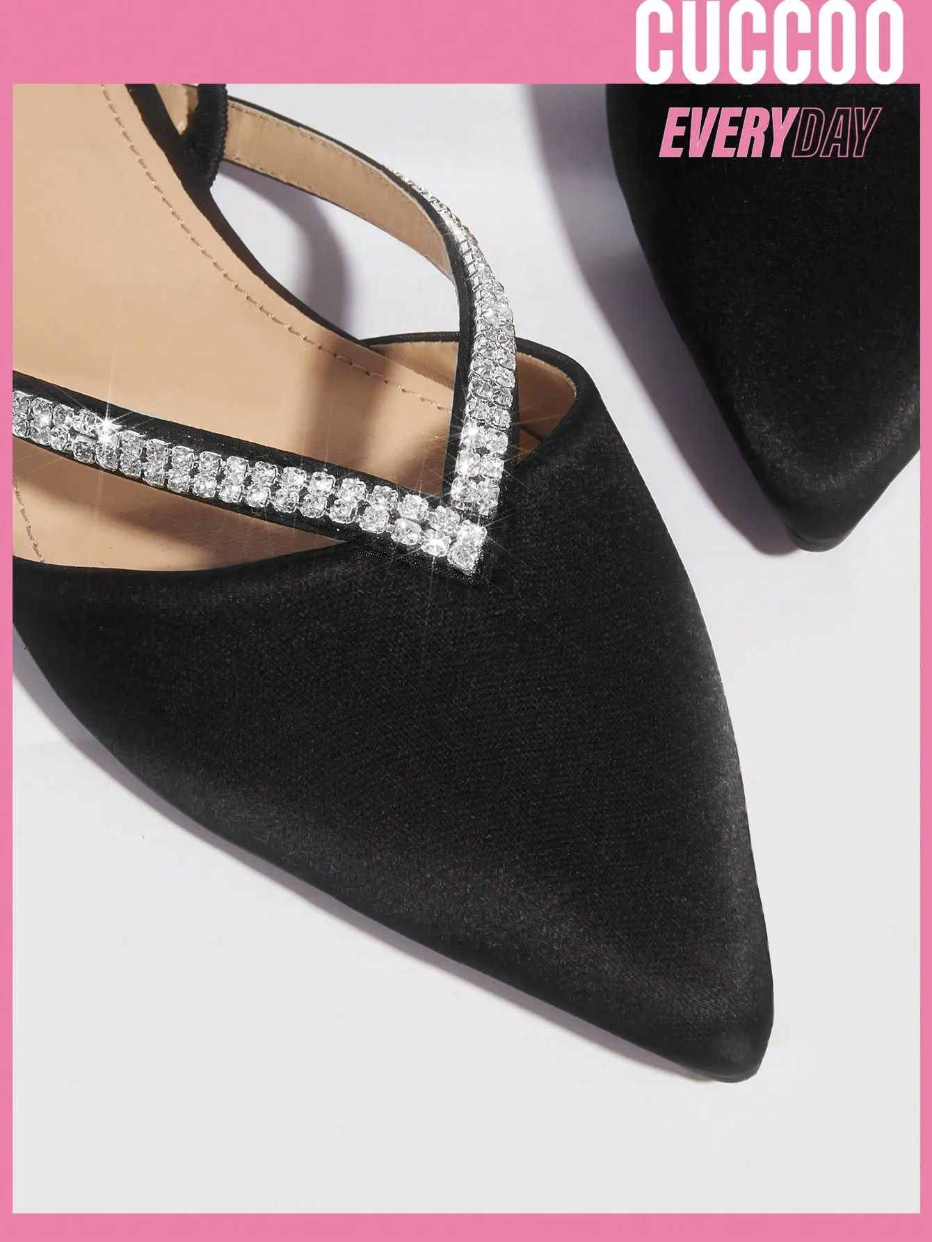 Point Toe Rhinestone Decor Slingback Black Flats