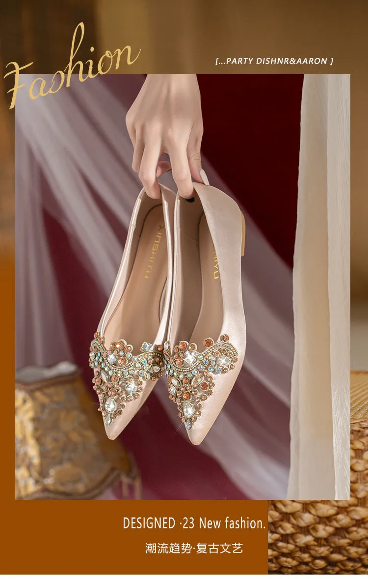 Pointed rhinestone flat shoes French retro flat shoes