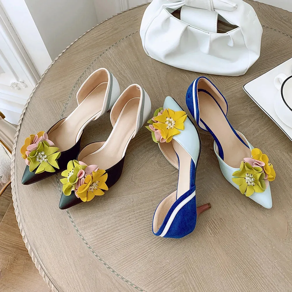 Pointed Toe Flowers Stilettos Lady Mid Heel Shoes