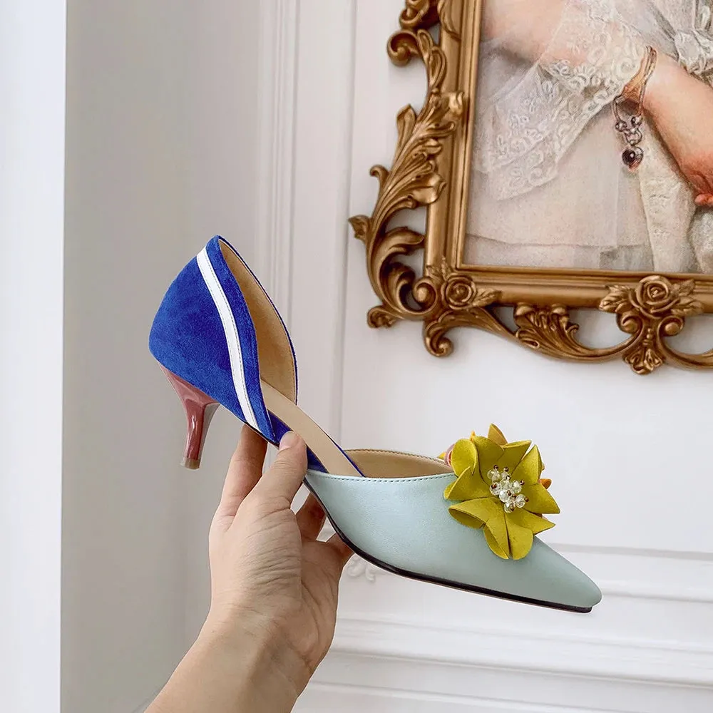 Pointed Toe Flowers Stilettos Lady Mid Heel Shoes
