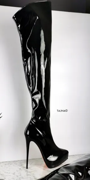 Pointy Toe Black Gloss Patent Thigh High Boots