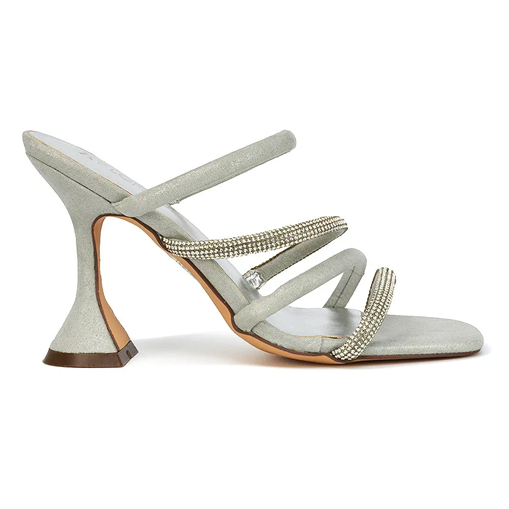 Posie Diamante Strappy Square Toe Sculptured High Heel Wedding Sandals in Black