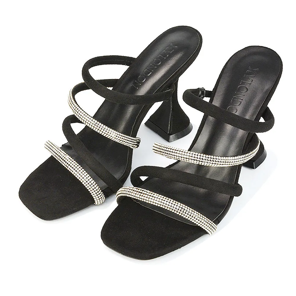 Posie Diamante Strappy Square Toe Sculptured High Heel Wedding Sandals in Black