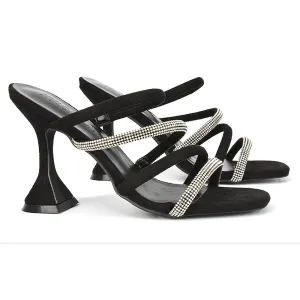 Posie Diamante Strappy Square Toe Sculptured High Heel Wedding Sandals in Black