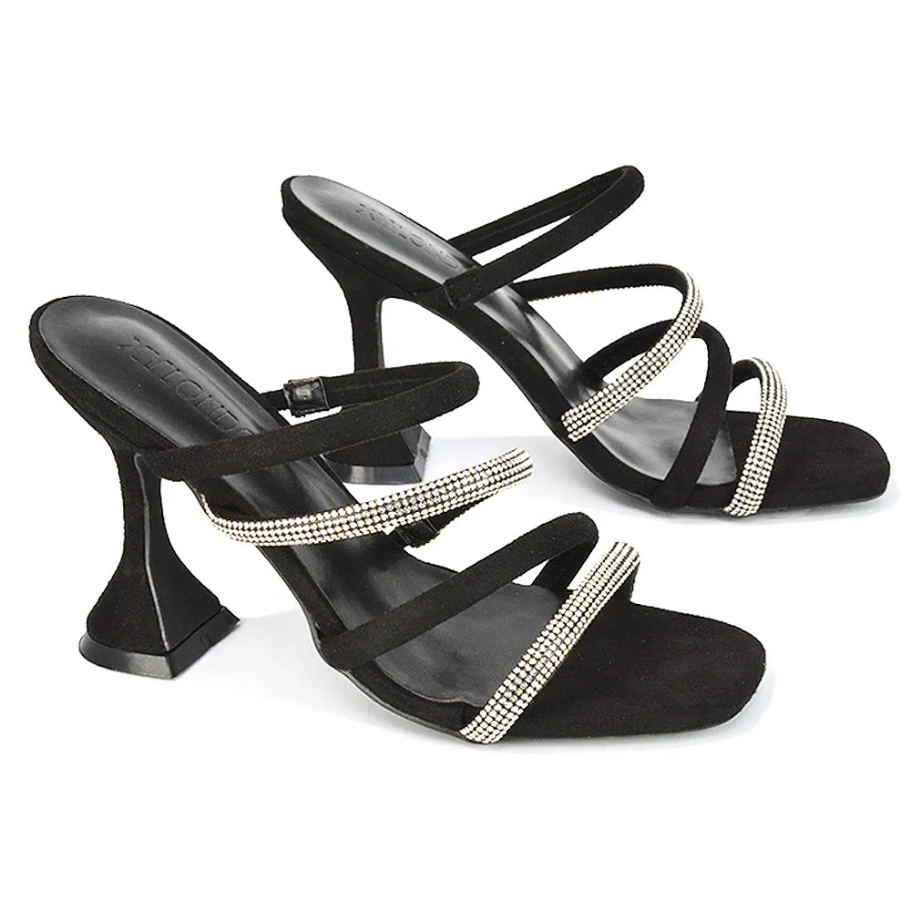 Posie Diamante Strappy Square Toe Sculptured High Heel Wedding Sandals in Black