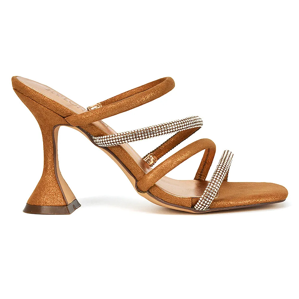 Posie Diamante Strappy Square Toe Sculptured High Heel Wedding Sandals in Black