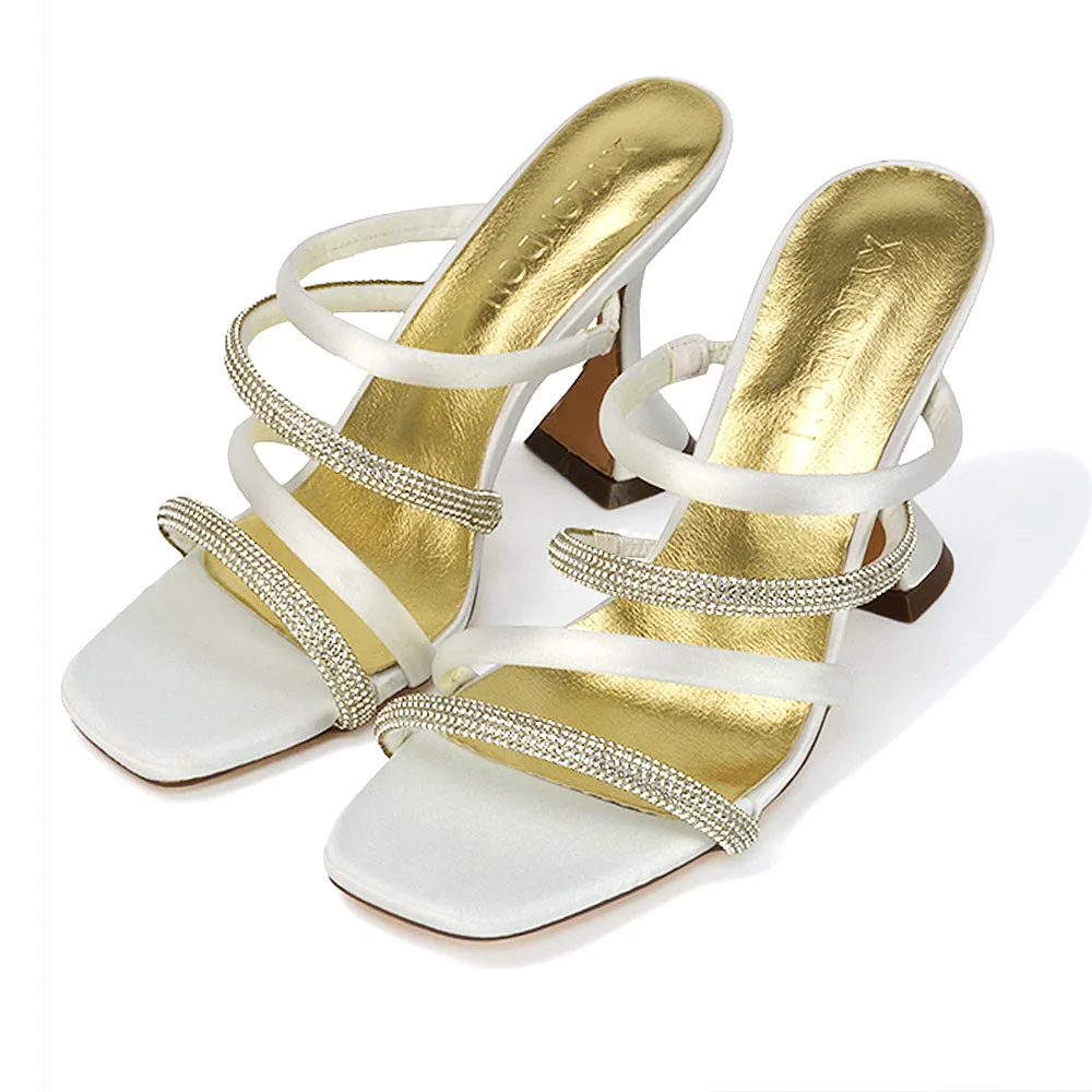 Posie Diamante Strappy Square Toe Sculptured High Heel Wedding Sandals in Black